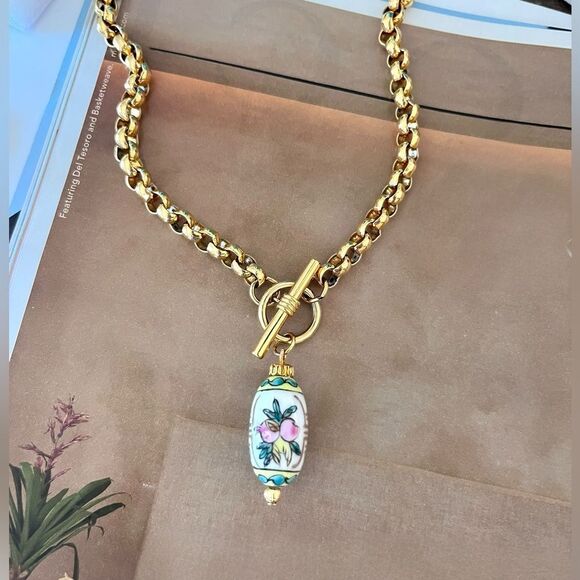 Chinese Porcelain Floral Bead Pendant Necklace - Picture 1 of 6